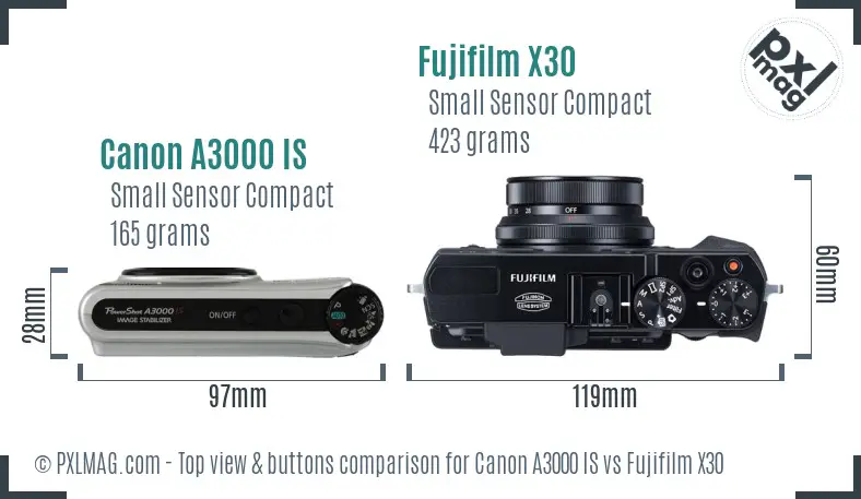 Canon A3000 IS vs Fujifilm X30 top view buttons comparison
