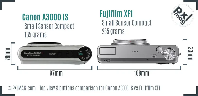Canon A3000 IS vs Fujifilm XF1 top view buttons comparison