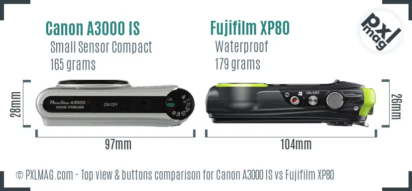 Canon A3000 IS vs Fujifilm XP80 top view buttons comparison Canon A3000 IS vs Fujifilm XP80 top view buttons comparison