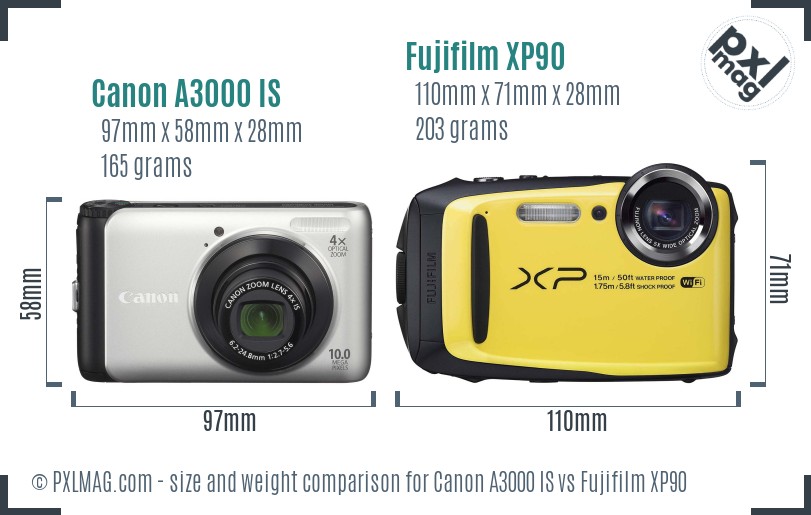 Canon A3000 IS vs Fujifilm XP90 size comparison