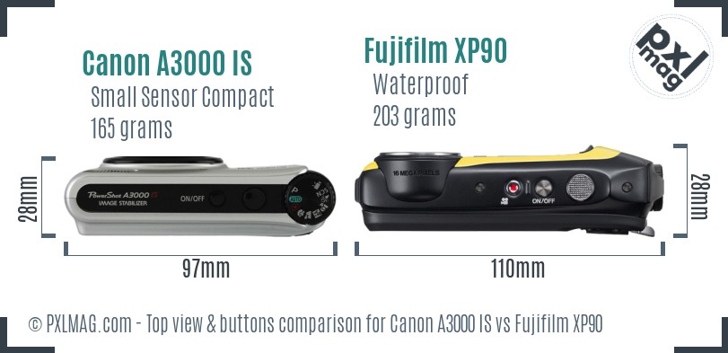 Canon A3000 IS vs Fujifilm XP90 top view buttons comparison