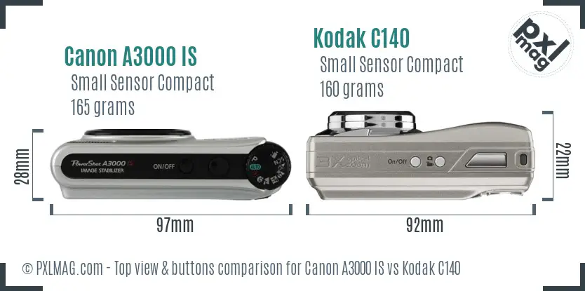 Canon A3000 IS vs Kodak C140 top view buttons comparison
