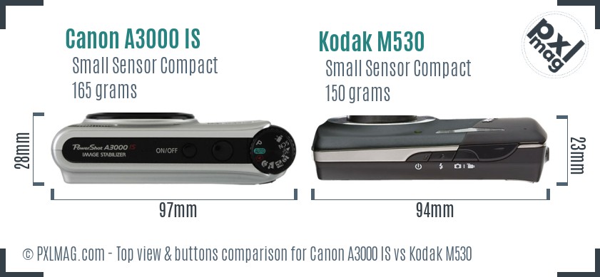Canon A3000 IS vs Kodak M530 top view buttons comparison