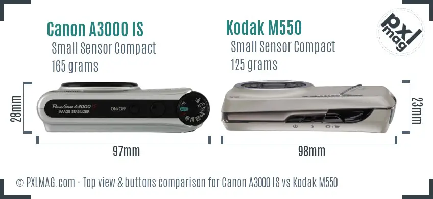 Canon A3000 IS vs Kodak M550 top view buttons comparison Canon A3000 IS vs Kodak M550 top view buttons comparison