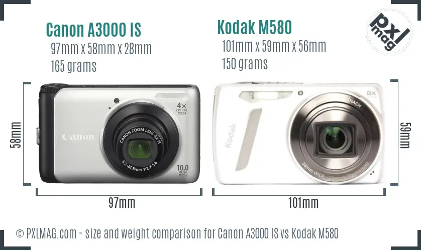 Canon A3000 IS vs Kodak M580 size comparison