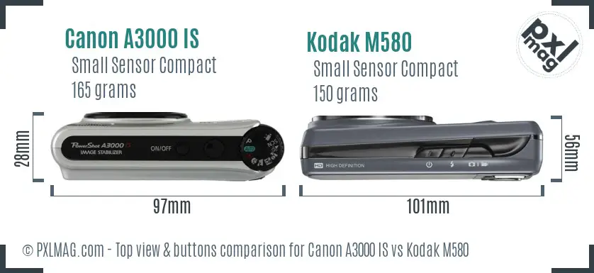 Canon A3000 IS vs Kodak M580 top view buttons comparison