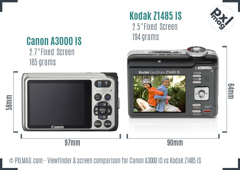 Canon A3000 IS vs Kodak Z1485 IS Screen and Viewfinder comparison