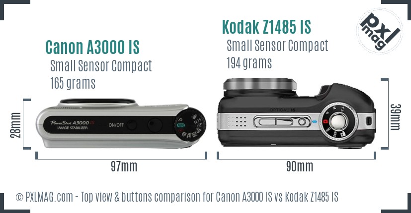 Canon A3000 IS vs Kodak Z1485 IS top view buttons comparison