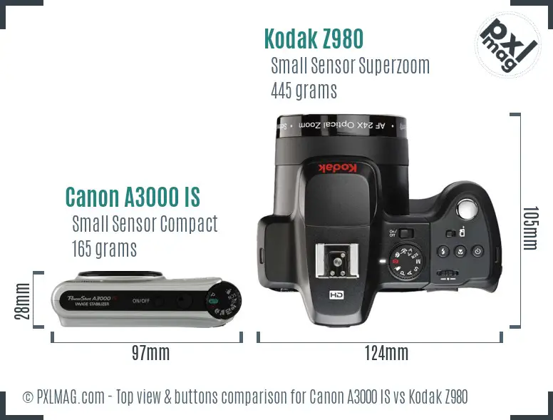 Canon A3000 IS vs Kodak Z980 top view buttons comparison