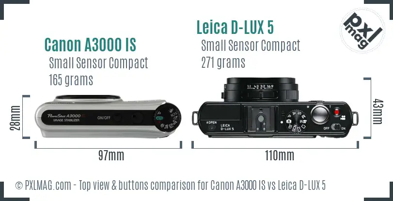 Canon A3000 IS vs Leica D-LUX 5 top view buttons comparison