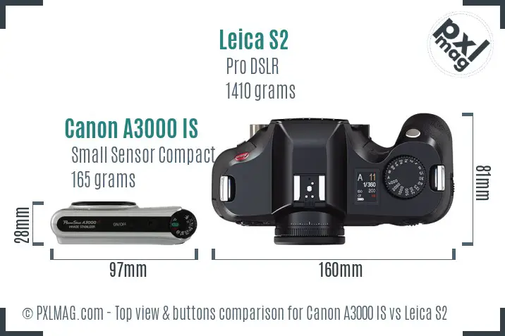 Canon A3000 IS vs Leica S2 top view buttons comparison