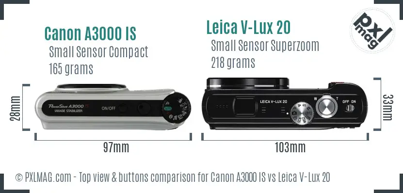 Canon A3000 IS vs Leica V-Lux 20 top view buttons comparison