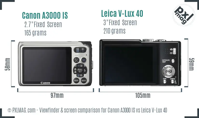 Canon A3000 IS vs Leica V-Lux 40 Screen and Viewfinder comparison