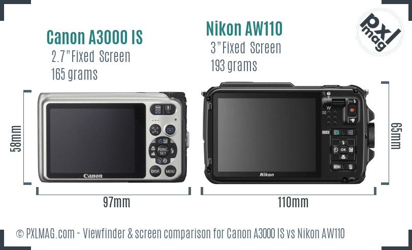 Canon A3000 IS vs Nikon AW110 Screen and Viewfinder comparison