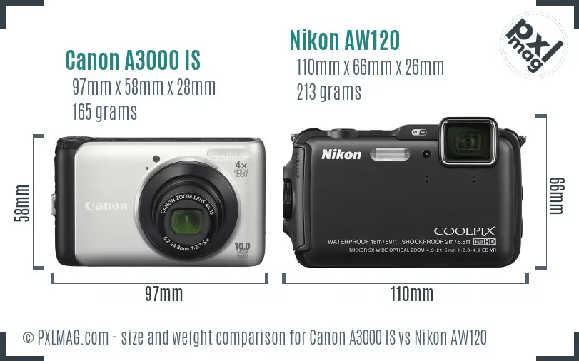 Canon A3000 IS vs Nikon AW120 size comparison Canon A3000 IS vs Nikon AW120 size comparison