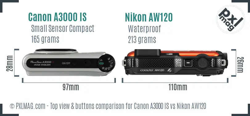 Canon A3000 IS vs Nikon AW120 top view buttons comparison Canon A3000 IS vs Nikon AW120 top view buttons comparison