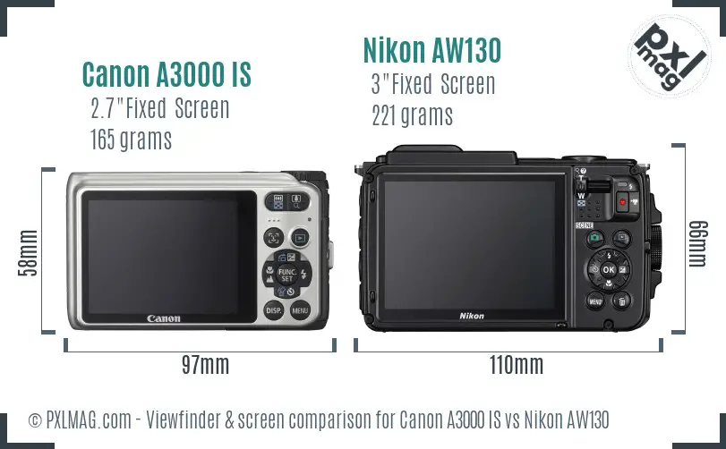 Canon A3000 IS vs Nikon AW130 Screen and Viewfinder comparison