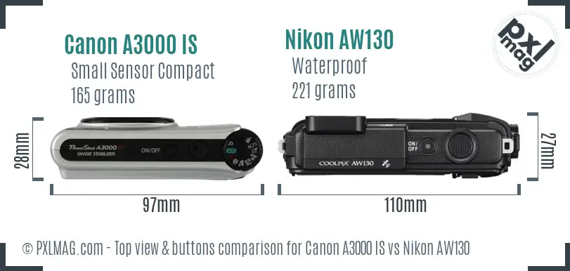 Canon A3000 IS vs Nikon AW130 top view buttons comparison