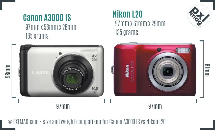 Canon A3000 IS vs Nikon L20 size comparison