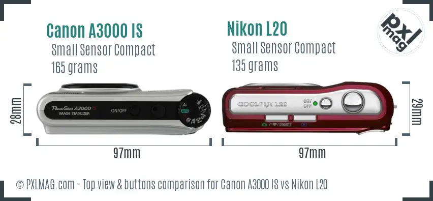 Canon A3000 IS vs Nikon L20 top view buttons comparison