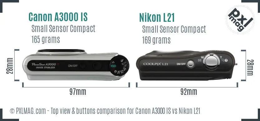 Canon A3000 IS vs Nikon L21 top view buttons comparison