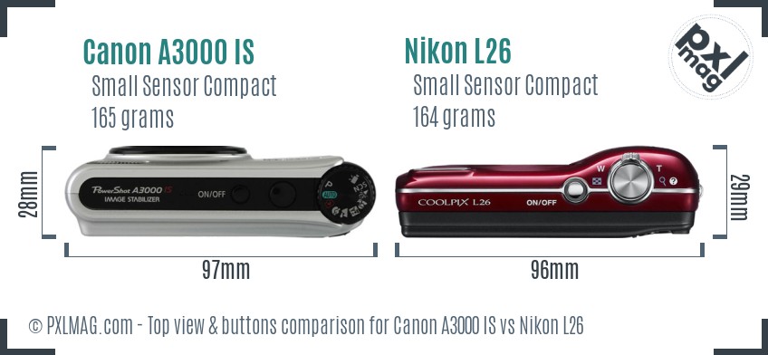 Canon A3000 IS vs Nikon L26 top view buttons comparison