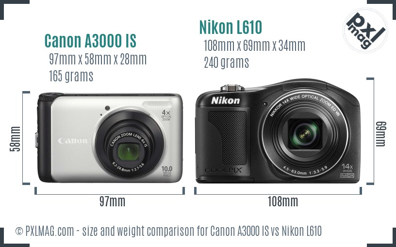 Canon A3000 IS vs Nikon L610 size comparison