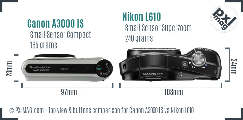 Canon A3000 IS vs Nikon L610 top view buttons comparison