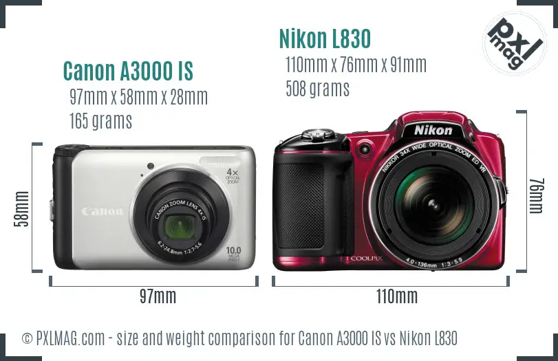 Canon A3000 IS vs Nikon L830 size comparison