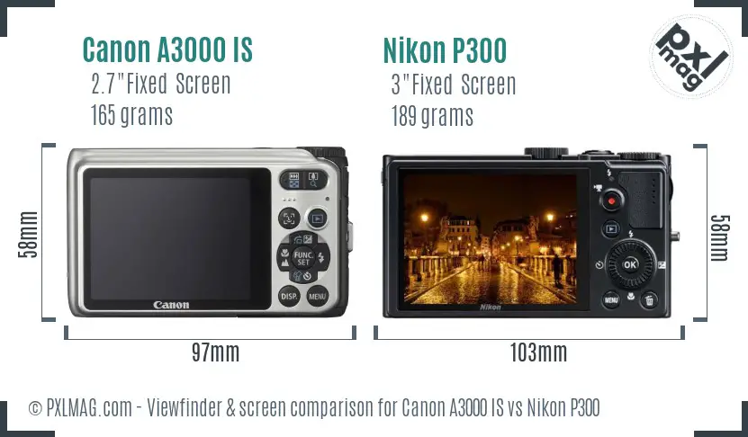Canon A3000 IS vs Nikon P300 Screen and Viewfinder comparison