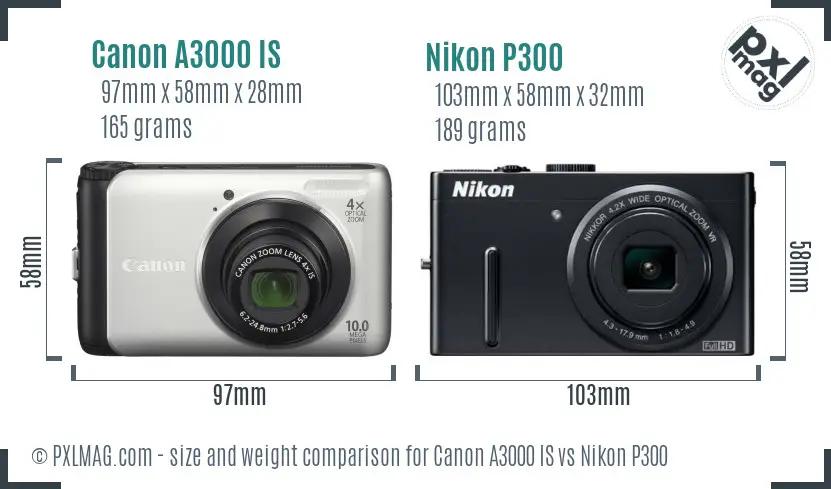 Canon A3000 IS vs Nikon P300 size comparison