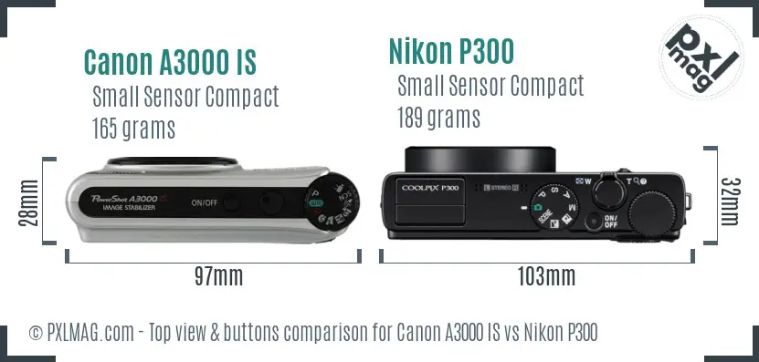 Canon A3000 IS vs Nikon P300 top view buttons comparison