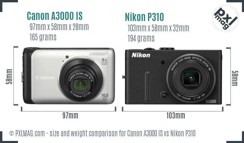 Canon A3000 IS vs Nikon P310 size comparison