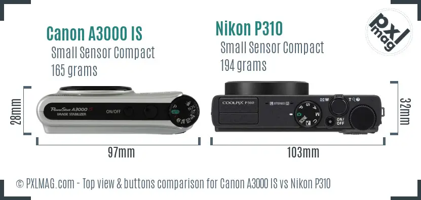 Canon A3000 IS vs Nikon P310 top view buttons comparison