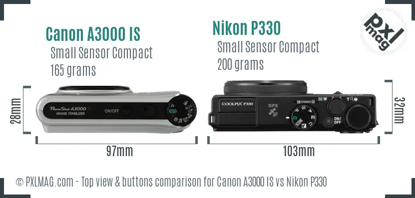 Canon A3000 IS vs Nikon P330 top view buttons comparison Canon A3000 IS vs Nikon P330 top view buttons comparison