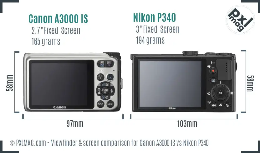 Canon A3000 IS vs Nikon P340 Screen and Viewfinder comparison