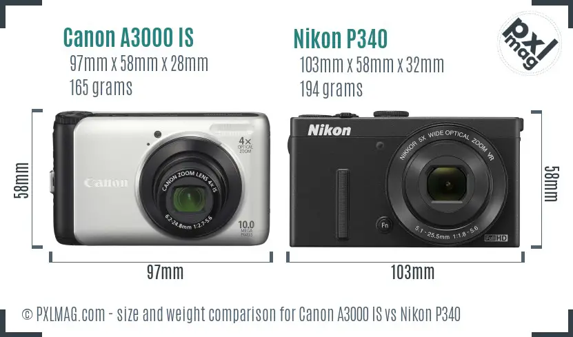 Canon A3000 IS vs Nikon P340 size comparison