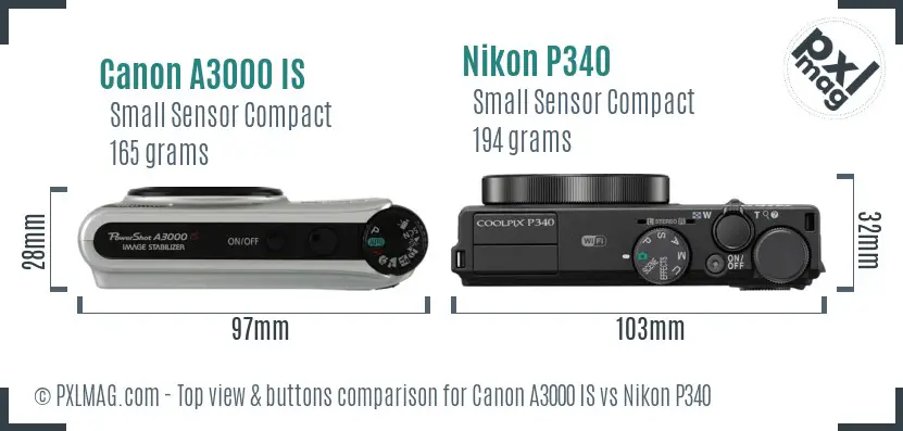 Canon A3000 IS vs Nikon P340 top view buttons comparison