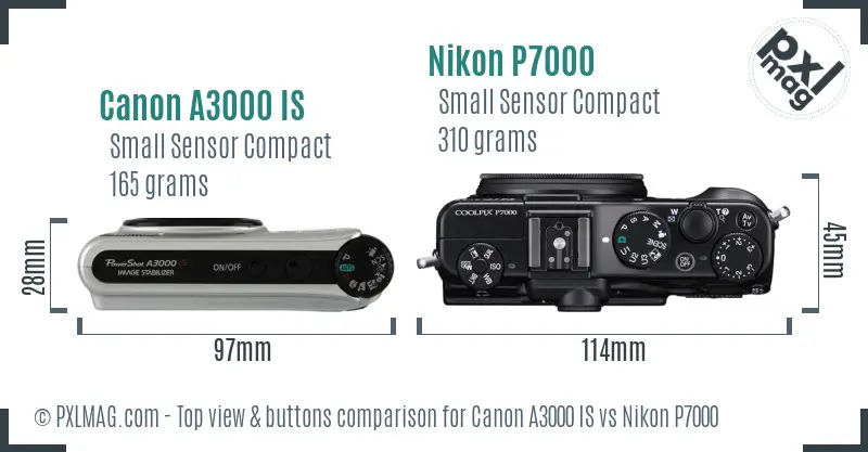 Canon A3000 IS vs Nikon P7000 top view buttons comparison
