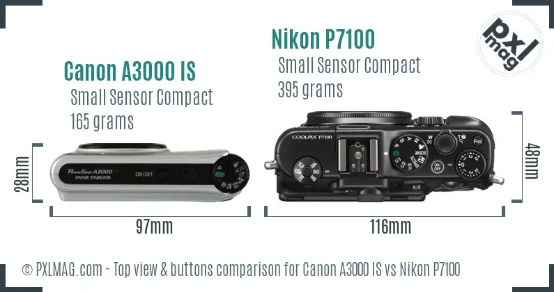 Canon A3000 IS vs Nikon P7100 top view buttons comparison