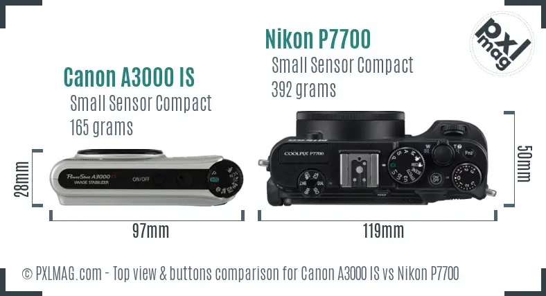 Canon A3000 IS vs Nikon P7700 top view buttons comparison