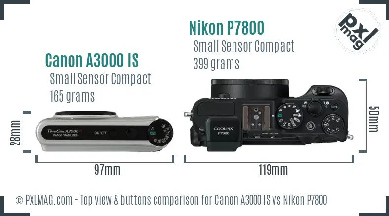 Canon A3000 IS vs Nikon P7800 top view buttons comparison
