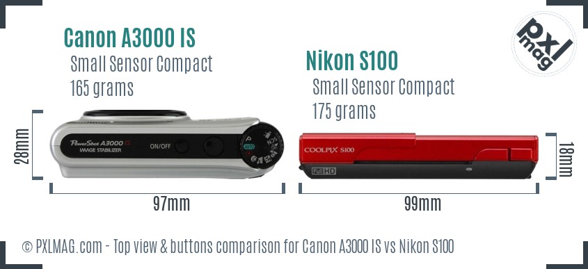 Canon A3000 IS vs Nikon S100 top view buttons comparison