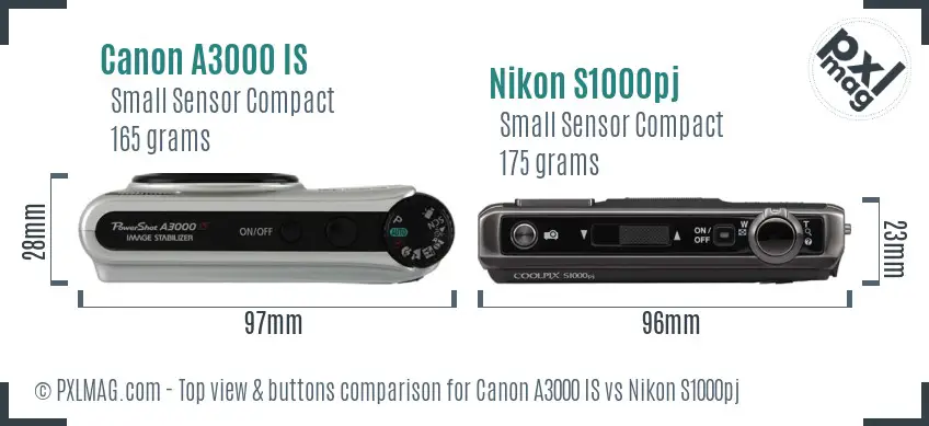 Canon A3000 IS vs Nikon S1000pj top view buttons comparison