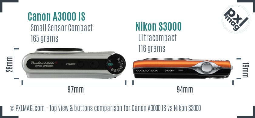 Canon A3000 IS vs Nikon S3000 top view buttons comparison