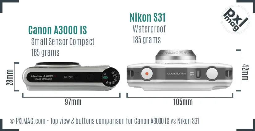 Canon A3000 IS vs Nikon S31 top view buttons comparison