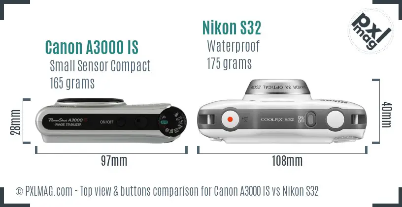 Canon A3000 IS vs Nikon S32 top view buttons comparison Canon A3000 IS vs Nikon S32 top view buttons comparison