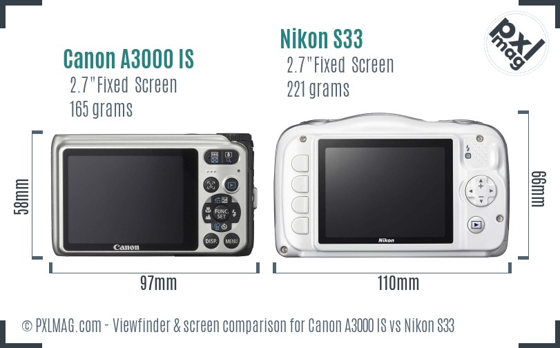 Canon A3000 IS vs Nikon S33 Screen and Viewfinder comparison
