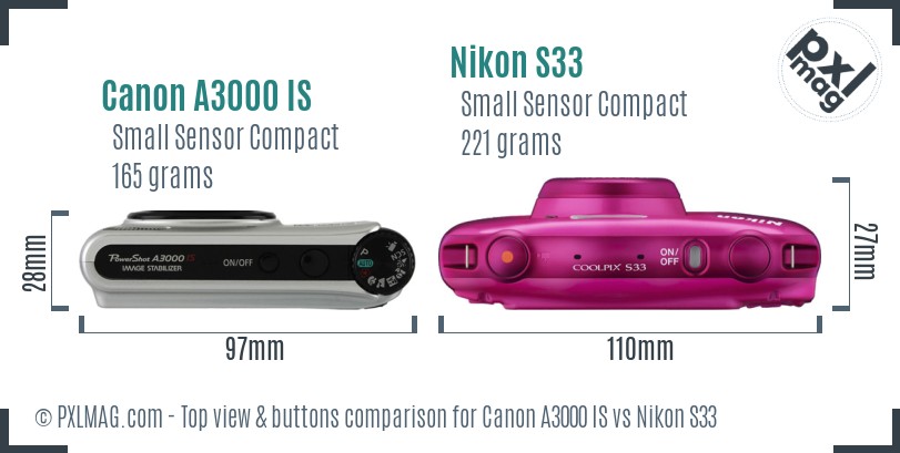 Canon A3000 IS vs Nikon S33 top view buttons comparison