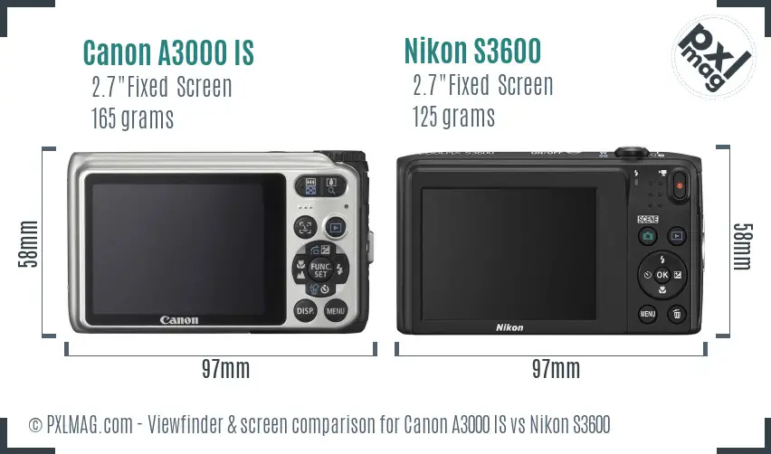 Canon A3000 IS vs Nikon S3600 Screen and Viewfinder comparison